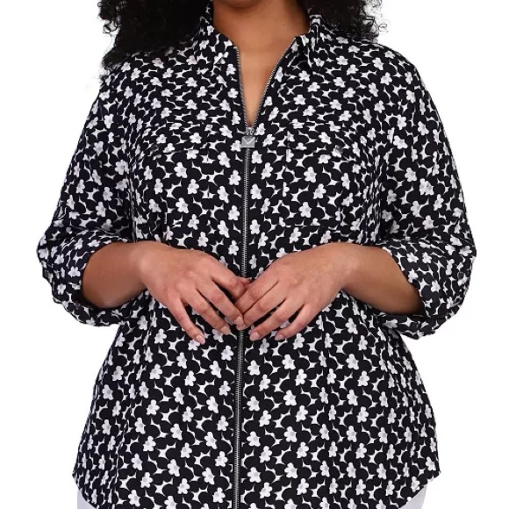 MICHAEL Michael Kors Black and White Zip Front Blouse Large